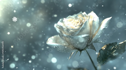 A single white rose with silver glitter and snowflakes falling around it on a blue background.