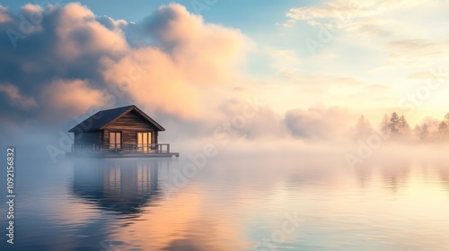 A wooden cabin sits on a lake, surrounded by mist and fog, with a serene and peaceful atmosphere.