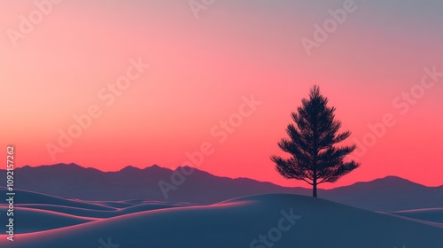 A single pine tree stands tall against a backdrop of rolling hills and a vibrant pink sunset.