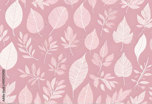 Whimsical doodles of leaves in white on a pastel pink background, AI Generated