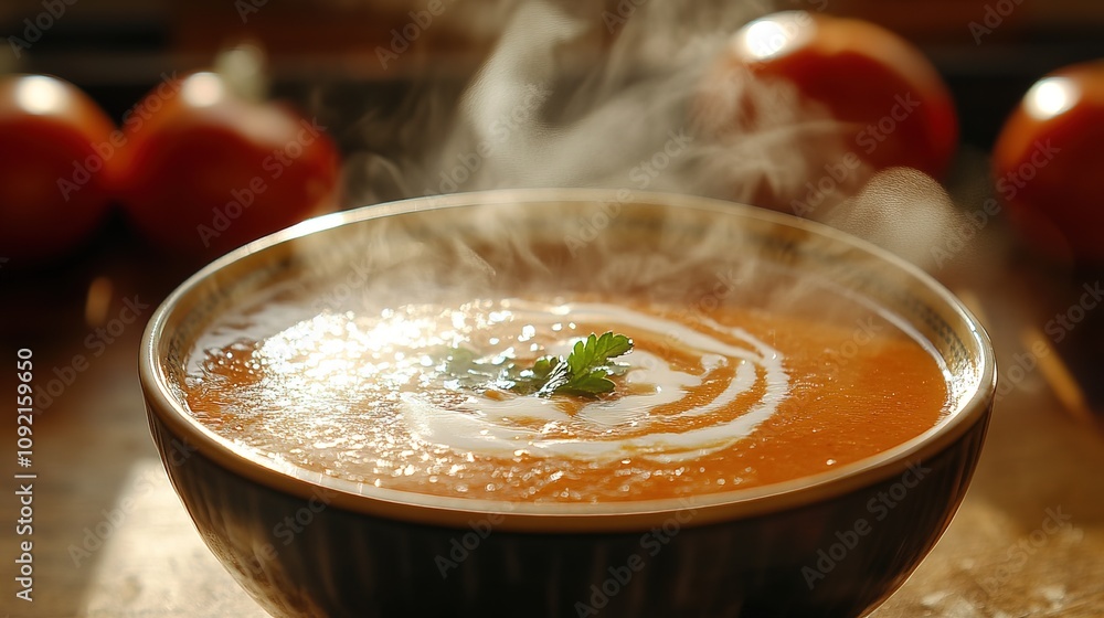 A steaming bowl of tomato soup with a swirl of cream on top A steaming bowl of tomato soup with a swirl of cream on top