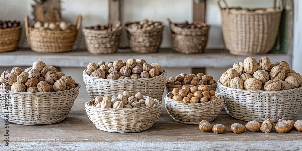 A display of various nuts in woven baskets arranged on a wooden table. A display of various nuts in woven baskets arranged on a wooden table.