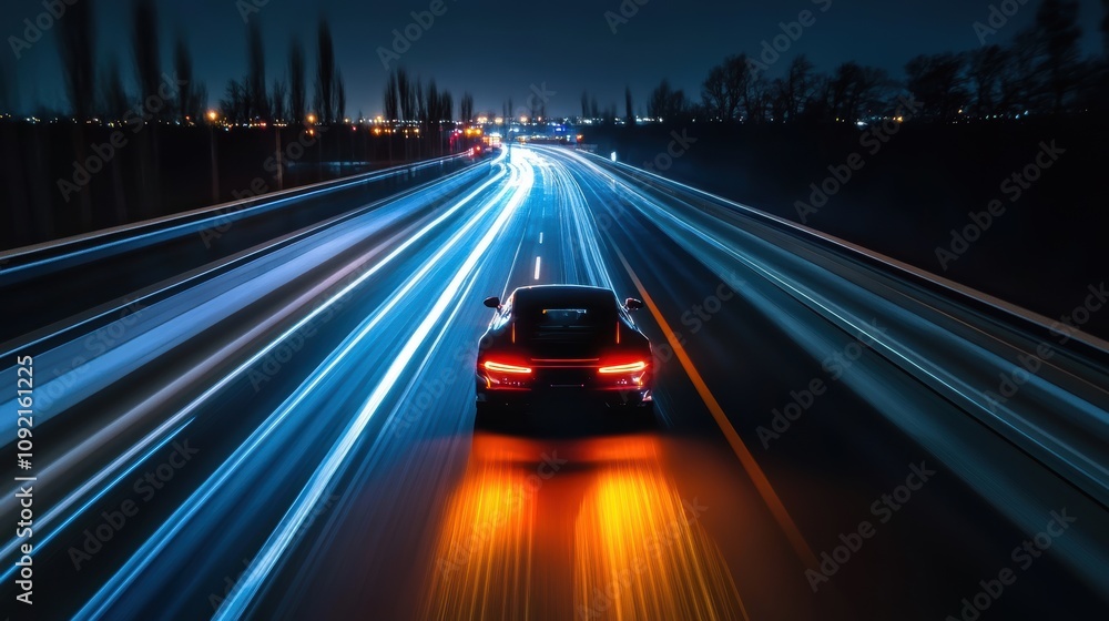 Futuristic car racing down an empty highway nighttime high-resolution image urban environment aerial viewpoint dynamic speed concept Futuristic car racing down an empty highway nighttime high-resolution image urban environment aerial viewpoint dynamic speed concept