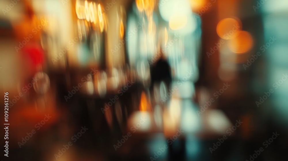 Fototapeta premium Abstract out-of-focus image of a cafe at night with warm lighting.