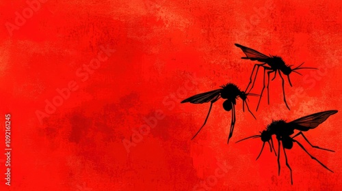 Three Mosquitoes Silhouette on Red Abstract Background A Vector Illustration of Disease, Danger, photo