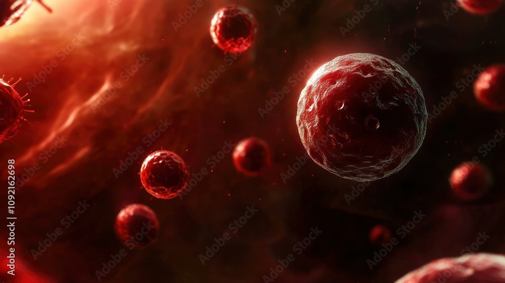 Naklejka premium Microscopic View of Cancer Cells A 3D Rendering of Cellular Structures