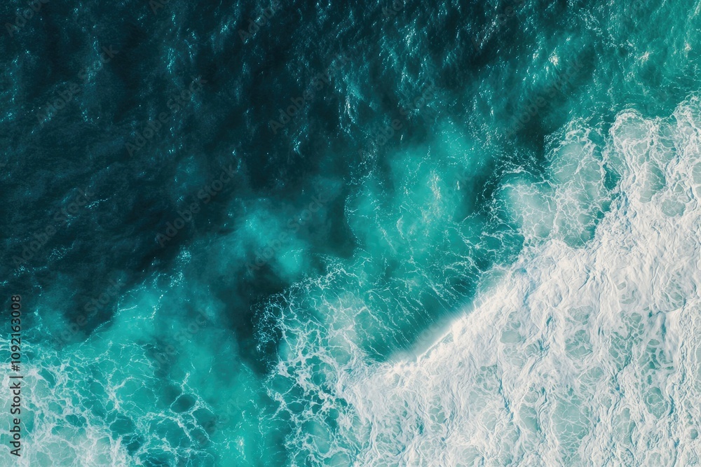 Fototapeta premium Ocean Waves Crashing: Aerial View of Turquoise Water, White Foam, Deep Blue Sea, Stunning Nature, Serene Landscape, Majestic Ocean, Powerful Waves, 