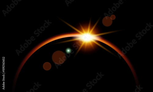 Horizon of the planet with soft neon light effect. Sunlight rises over the edge of the planet. Solar or lunar eclipse, earth silhouette in outer space. Vector illustration.