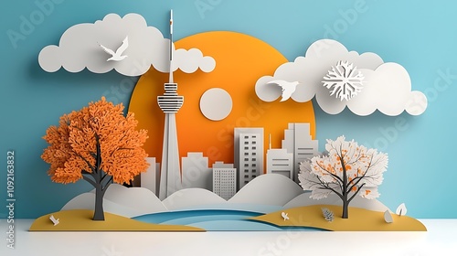 Vibrant Autumn Cityscape in Paper Art Style with Detailed Skyscrapers Colorful Trees and Scenic Sunset Sky  Minimalist 3D Papercraft Design for Background or Graphic photo