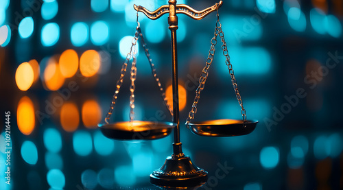 A close-up of a balanced scale against a colorful, blurred background, symbolizing justice and fairness. photo