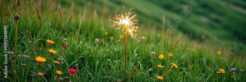 Wallpaper Mural Sparkler on a green hillside surrounded by tall grass and colorful flowers, , nature's beauty, colorful flowers Torontodigital.ca