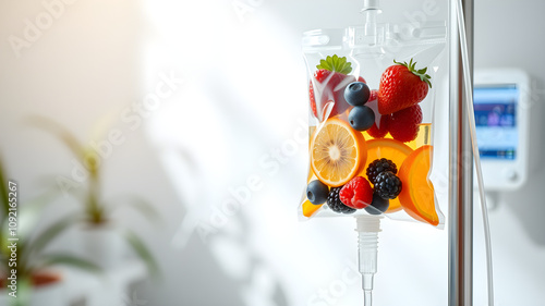 A creative IV drip bag filled with fresh fruits, symbolizing a healthy and revitalizing infusion