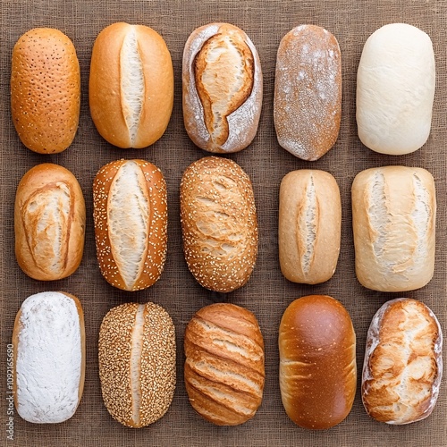 2409_129.An assortment of whole, uncropped artisanal bread varieties on  warm burlap background, view from above, showcasing diverse varieties, arranged with space around each artisanal bread photo