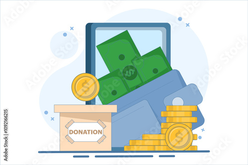 Cash donation concept. putting coins in donation box and donating with online payment card. Social assistance. Financial support and fundraising. Flat vector illustration.