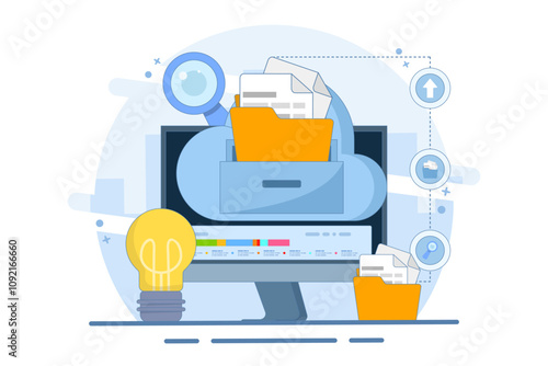 Electronic document management concept. File management administration. Organizing documents into archive folders. File management and administrative work. Flat vector illustration on background.