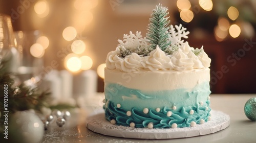 A festive cake decorated with blue icing, snowflakes, and a small tree for celebration.