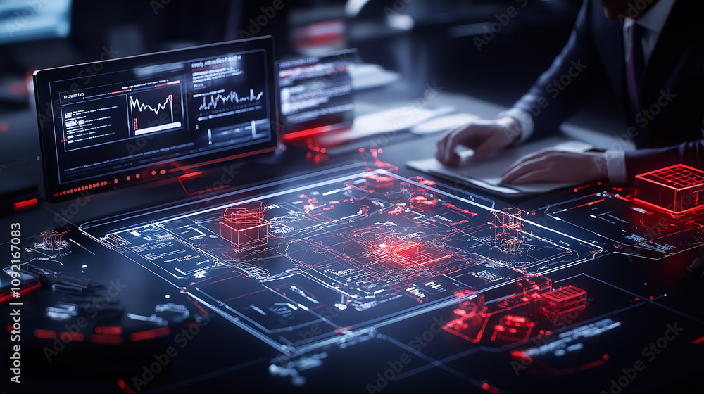 Obraz premium futuristic office with advanced technology and data analysis