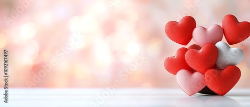 Decorative arrangement of red heart shaped objects placed on a soft blurred pink background with copy space  Concept of love romance Valentine s Day or other of affection and intimacy photo