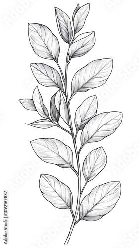 Minimalist Hand-Drawn Botanical Illustration of Leaf and Branch in Monochrome Style