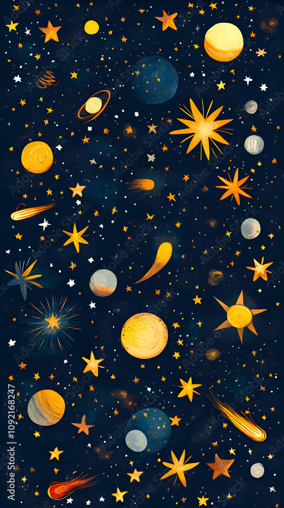 Fototapeta premium Whimsical Space Art Illustration with Colorful Stars and Planets in a Starry Night Sky