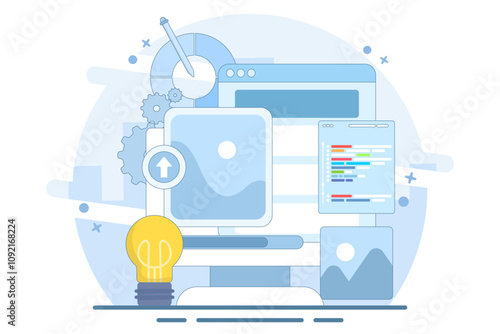 Web Design Concept, ui ux and programmer with computer, software development, Design and programming, App design, Coding, Web development. flat vector illustration on background.