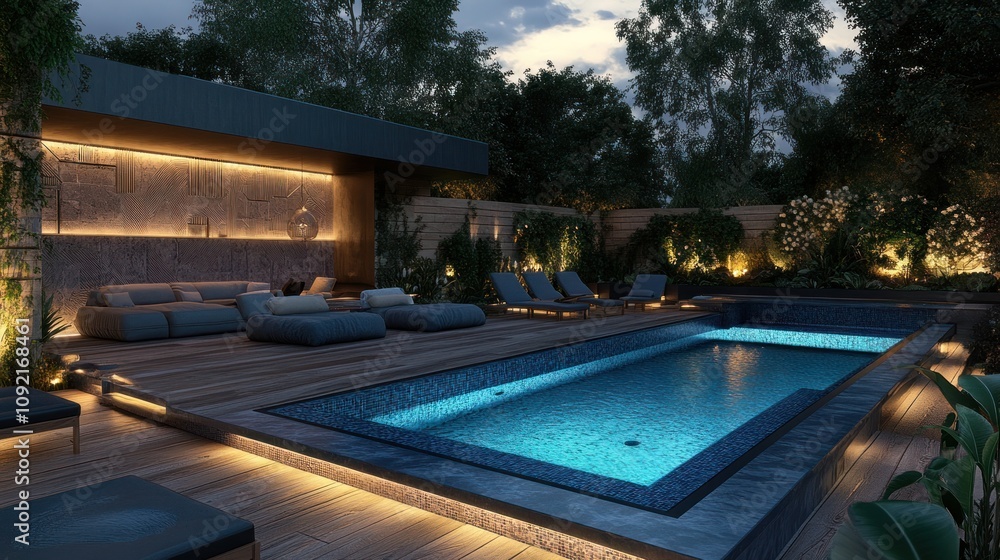 Fototapeta premium Outdoor pool design with luxurious seating arrangement and ambient lighting for a relaxing atmosphere