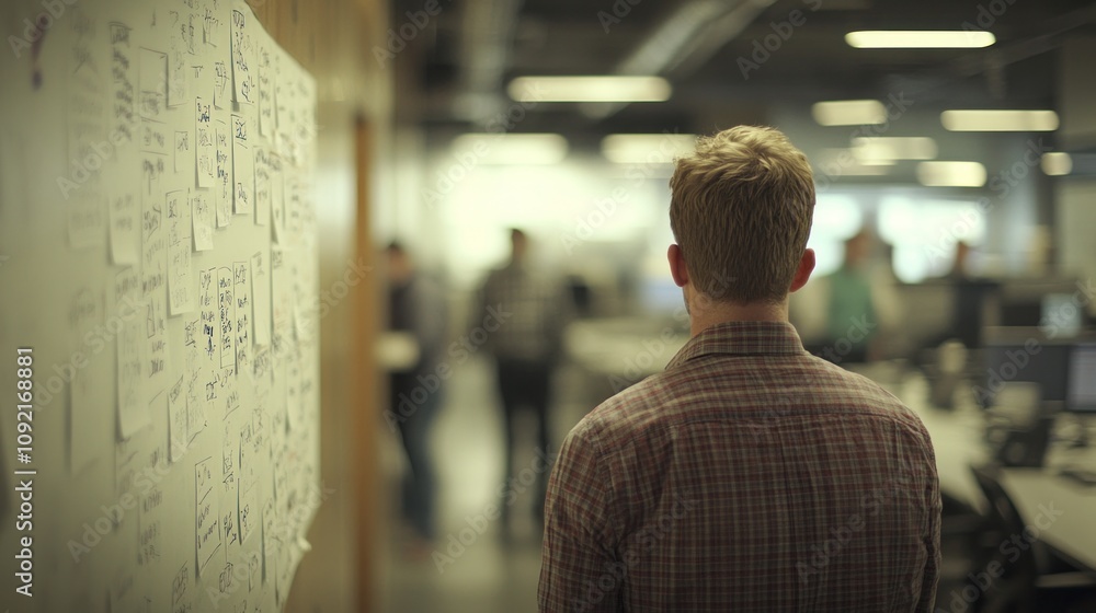 A person stands in an office, observing colleagues and a wall filled with notes and ideas. A person stands in an office, observing colleagues and a wall filled with notes and ideas.