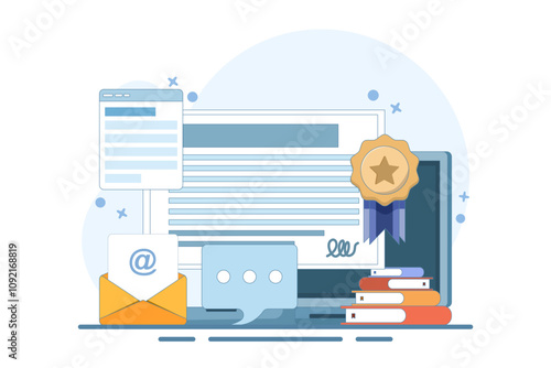 Online certification courses, Online training programs, Awards, Digital skills development, Online certificates, prizes and awards, Education and training courses. Vector illustration on background.