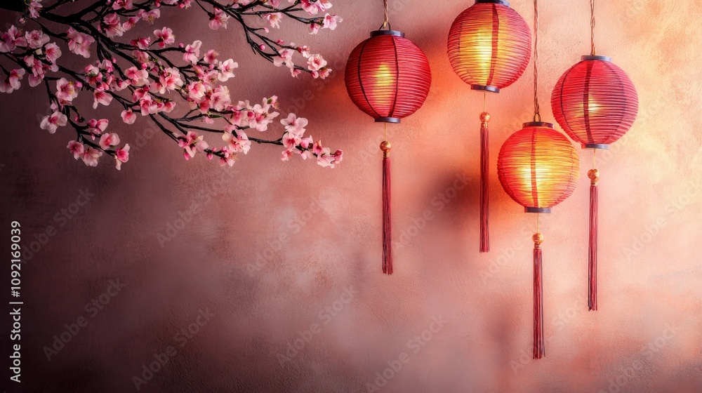 Obraz premium Serene Lunar New Year Vibes with Plum Blossoms and Lanterns on Minimalist Background