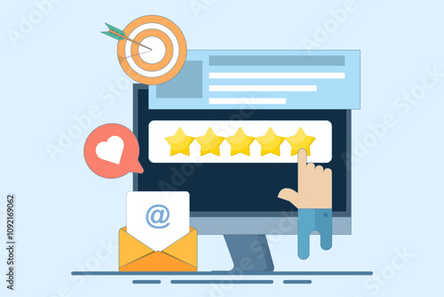 Concept of Best quality, Highest value, Online customer rating and reviews, Product and service rating, Hand click, top rating, reputation system program. Flat vector illustration on background.