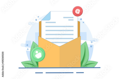 Open Envelope Concept with letter, Flat illustration of email marketing, Online business strategy, Advertising, Email newsletter, sending messages, marketing materials. Flat vector illustration on bac