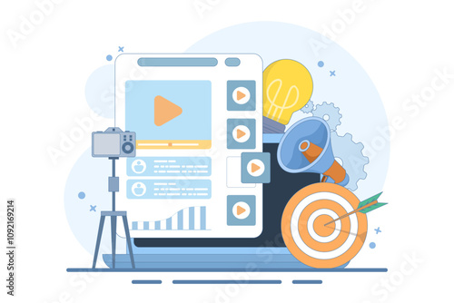 Video marketing influencer concept. Award winning advertisement, film business. Video promotion. Social media strategy, internet advertising. Flat design landing page website illustration.