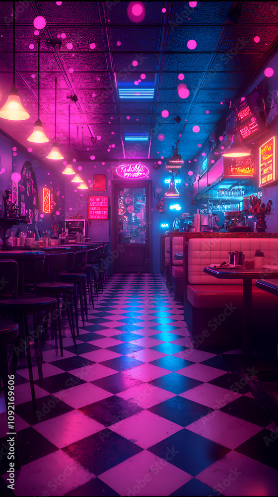 Obraz premium Vibrant Retro Diner Interior with Neon Lights and Checkerboard Floor in Urban Nightlife