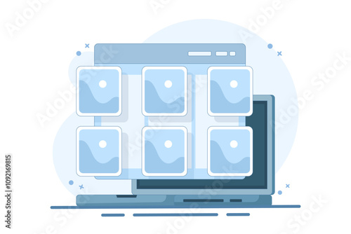 Concept Photo album online and digital gallery. Watch on website or internet electronic photographic image files on pc or laptop. computer network. flat cartoon vector illustration.