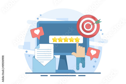 Concept of Best quality, Highest value, Online customer rating and reviews, Product and service rating, Hand click, top rating, reputation system program. Flat vector illustration on background.