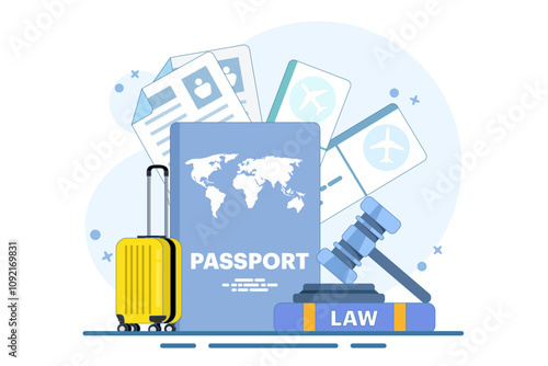 Immigration law concept. Law book with passport, visa, suitcase, scales of justice, judge's gavel. Emigration and immigration. Modern flat style for landing page, mobile app, web banner, infographics.