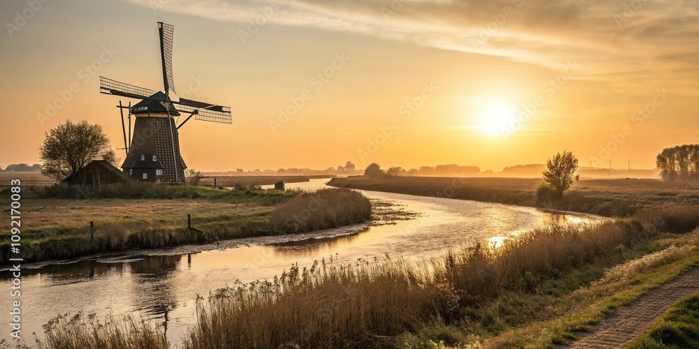 Obraz premium The sun casts a warm glow over the windmill and river as it stands at the bend of the winding waterway creating a sense of warmth and comfort, windmill, sunlight, landscape, peaceful, natural