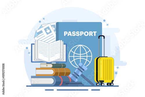 Immigration law concept. Law book with passport, visa, suitcase, scales of justice, judge's gavel. Emigration and immigration. Modern flat style for landing page, mobile app, web banner, infographics.