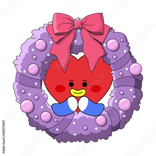 BT21 member TATA cute appearance in the middle of a purple Christmas wreath decorated with pink ribbons and tree balls. 핑크색 리본과 트리볼로 장식된 보라색 크리스마스 리스 가운데에 있는 BT21 멤버 타타의 귀여운 모습