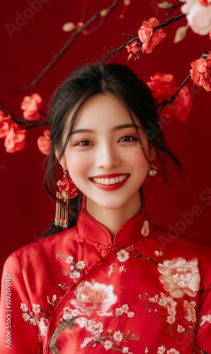 Portrait of a smiling Asian woman in traditional red outfit, celebrating Chinese New Year with a joyful pose, red backdrop, warm and energetic atmosphere