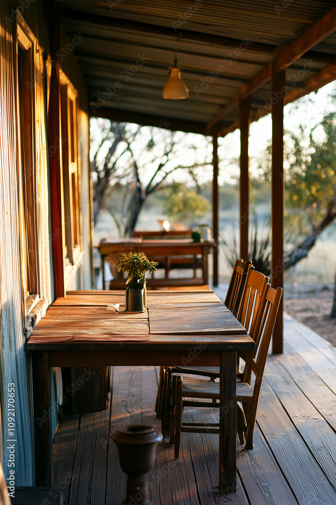 Fototapeta premium Rustic porch with tables and chairs in warm evening sun, overlooking natural landscape