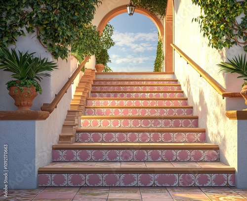 Villa staircase with elegant pink and bone Spanish tiles, cedar wood steps.