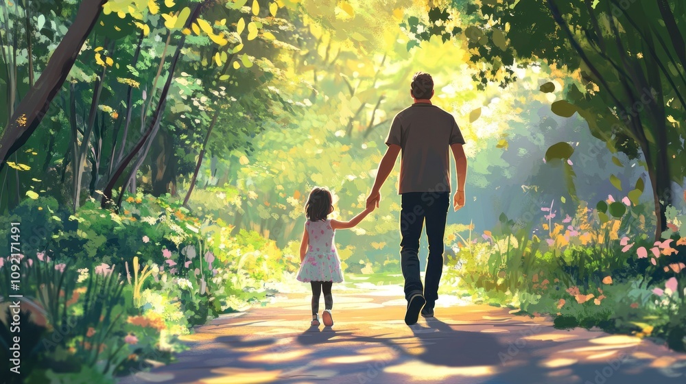 Obraz premium A father and daughter walk hand-in-hand down a path through a lush green forest bathed in golden sunlight.