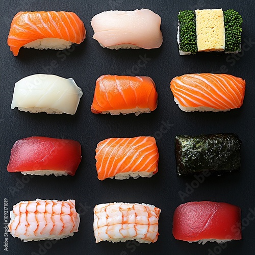 2409_111.An assortment of whole, uncropped fresh sushi assortment on  black slate background, view from above, showcasing diverse varieties, arranged with space around each fresh sushi assortment, photo