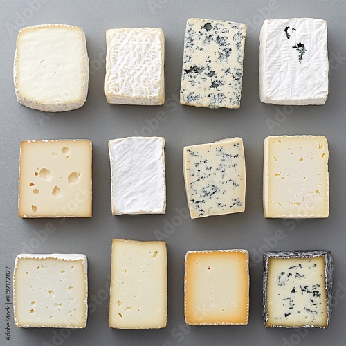 2409_015.An assortment of whole, uncropped gourmet cheese selection on  slate grey background, view from above, showcasing diverse varieties, arranged with space around each gourmet cheese selection, photo