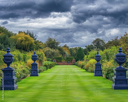 Garden design award-winner, violet pots on a green lawn.