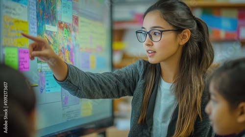 A young female teacher leads a classroom discussion, pointing to a digital display showing a colorful graphic. Students listen intently as she interacts with the touchscreen technology photo