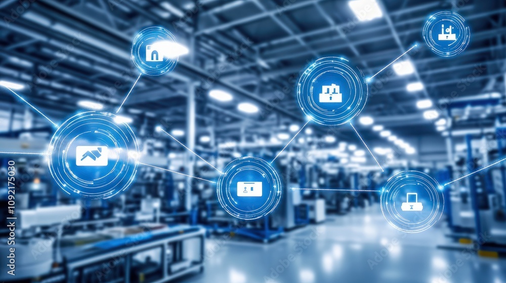 An Industrial Internet of Things IIoT network connecting devices and sensors across a modern factory floor An Industrial Internet of Things IIoT network connecting devices and sensors across a modern factory floor
