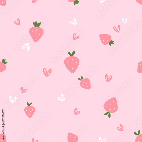 Seamless pattern of strawberry fruit with green leaves and hand drawn hearts on pink background vector. Cute fruit print