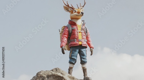 A stylized deer figurine dressed in outdoor gear, posed on a rock against a cloudy sky. photo